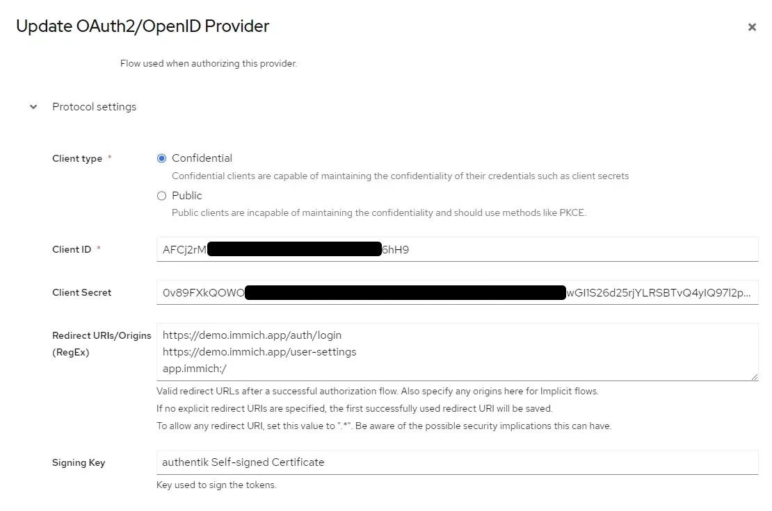 Authentik authorised redirect URIs